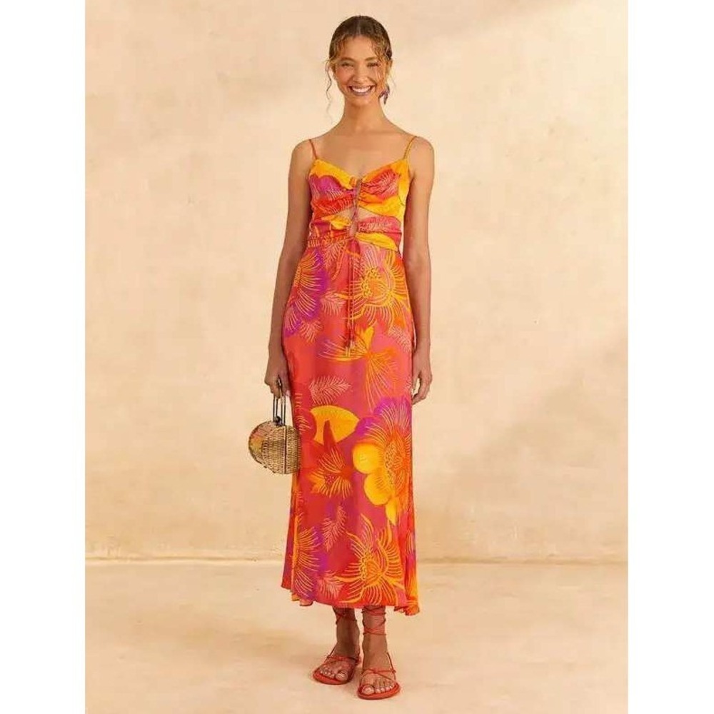 Farm Rio Summer Garden Ombre Maxi Dress Pink Orange Tropical Floral Cutout Sz L